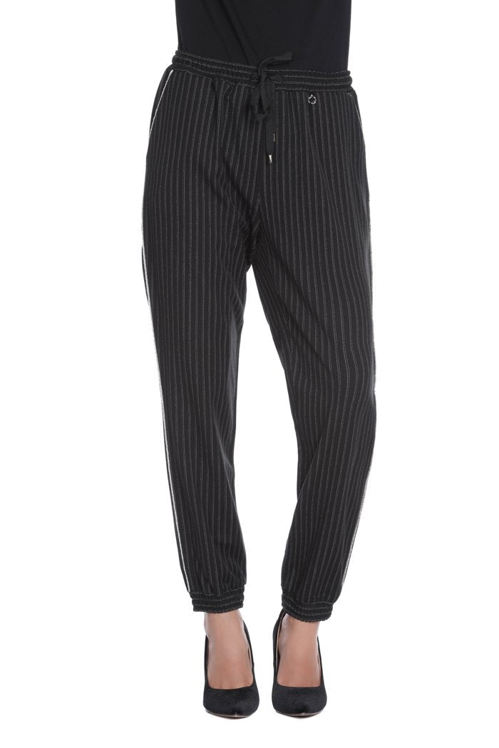 Pantalone GESSY vita alta coulisse più tasche più elastico fondo più strass gessato con lurex
