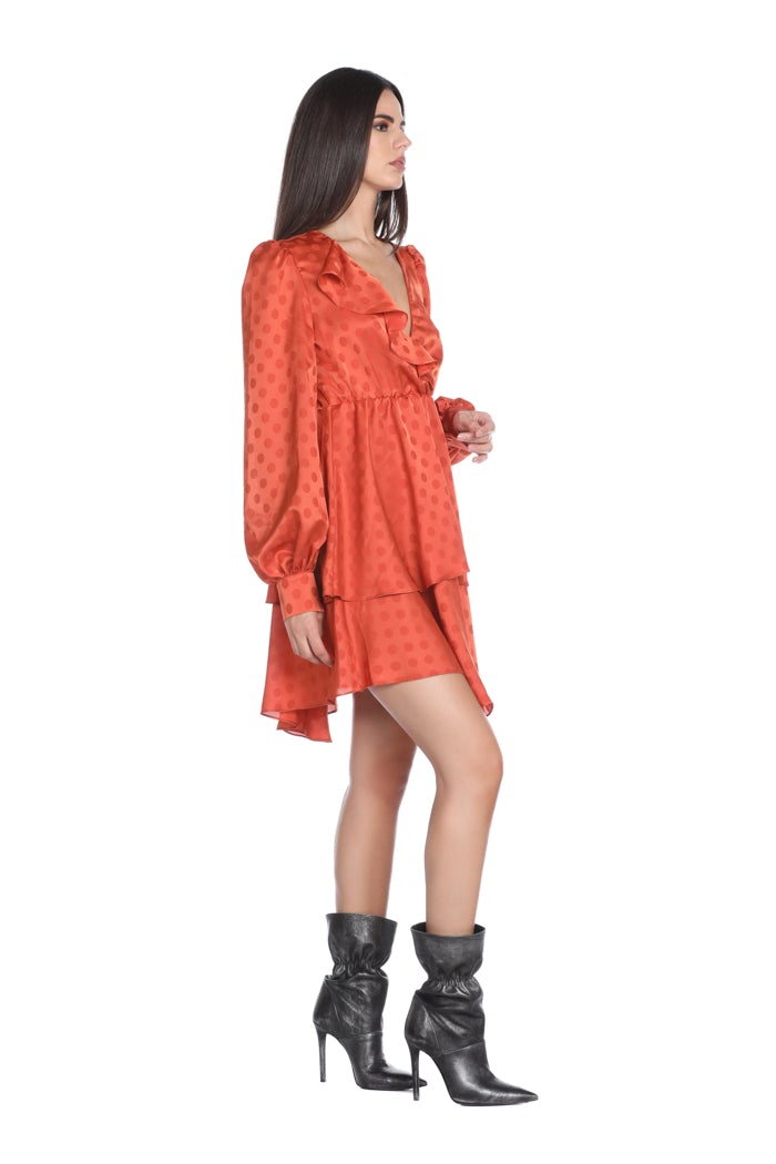 Abito HELENA corto manica lunga con scollo a V e rouches con balze