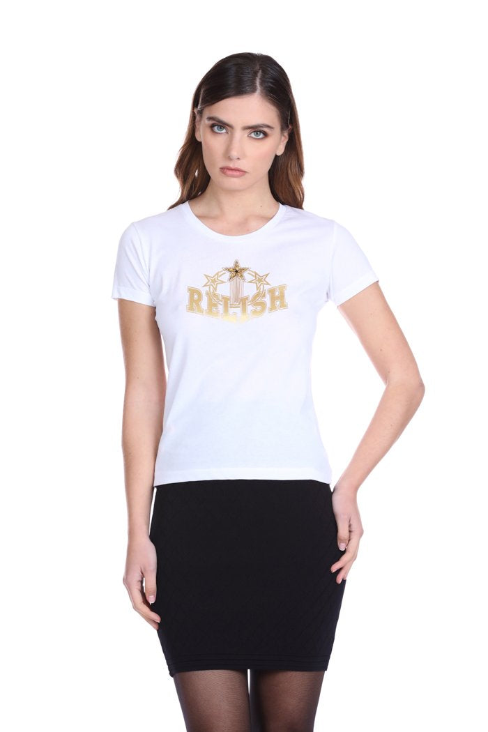 T-Shirt THITY mezza manica con stampa lamina più applicazione stella con strass più perline più catene