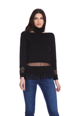 Maglia FASKERT manica lunga collo alto con aperture con dettagli pizzo più tulle plumetis