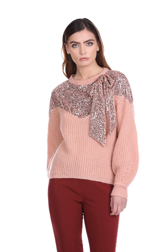 Maglia ROSLYND manica lunga palloncino con inserto paillettes più fiocco