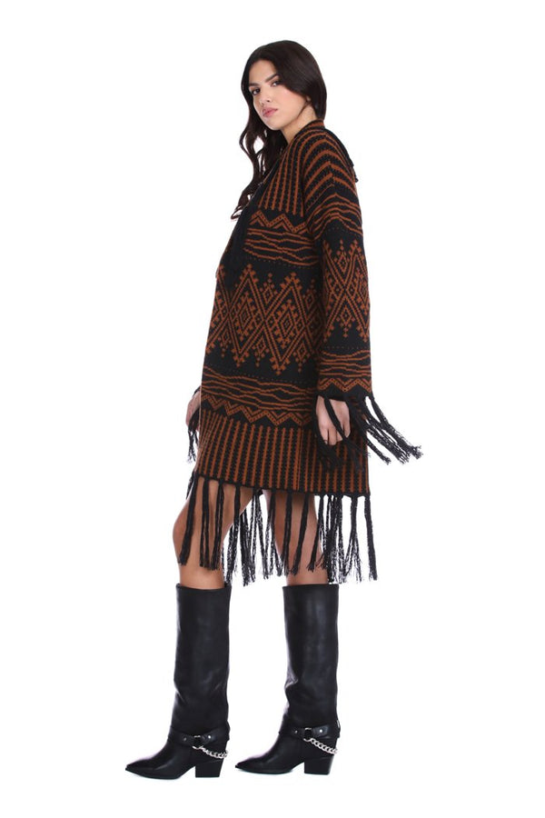 Cardigan VANJEDRIN lungo manica lunga con frange bordi jacquard multi disegno