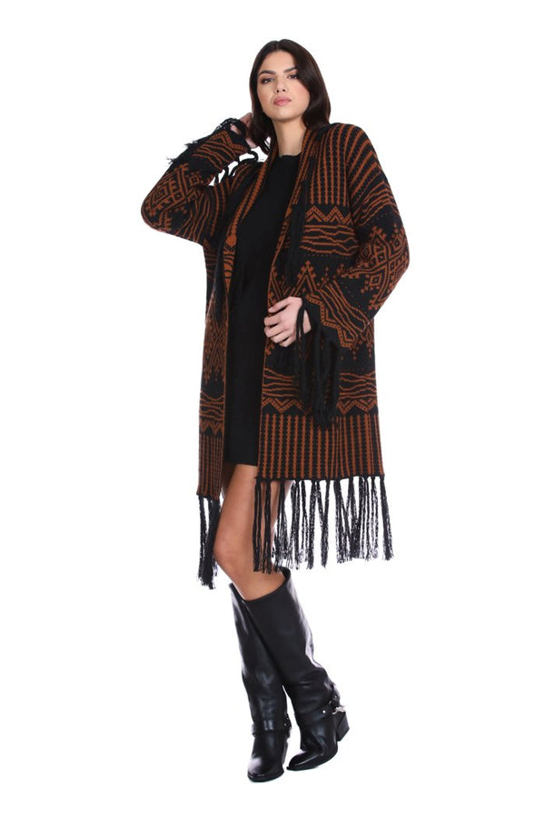 Cardigan VANJEDRIN lungo manica lunga con frange bordi jacquard multi disegno