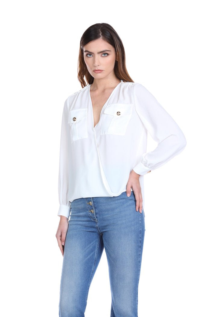 Blusa SERVAP manica lunga scollo incrocio con martingala più tasche più bottoni oro