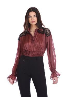 Blusa GHEVO corta manica lunga con p.smok più inserti pizzo f.spigato più lurex