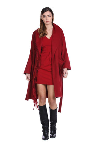 Cappotto NIU lungo manica lunga collo sciallato con frange con Cintura più tasche sfoderato