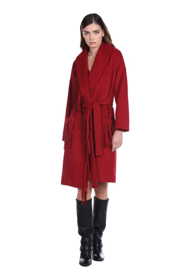 Cappotto NIU lungo manica lunga collo sciallato con frange con Cintura più tasche sfoderato