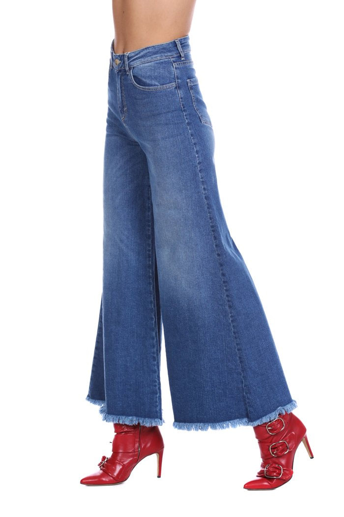 Jeans KONSER vita alta gamba ampia sfrangiato 5tasche denim