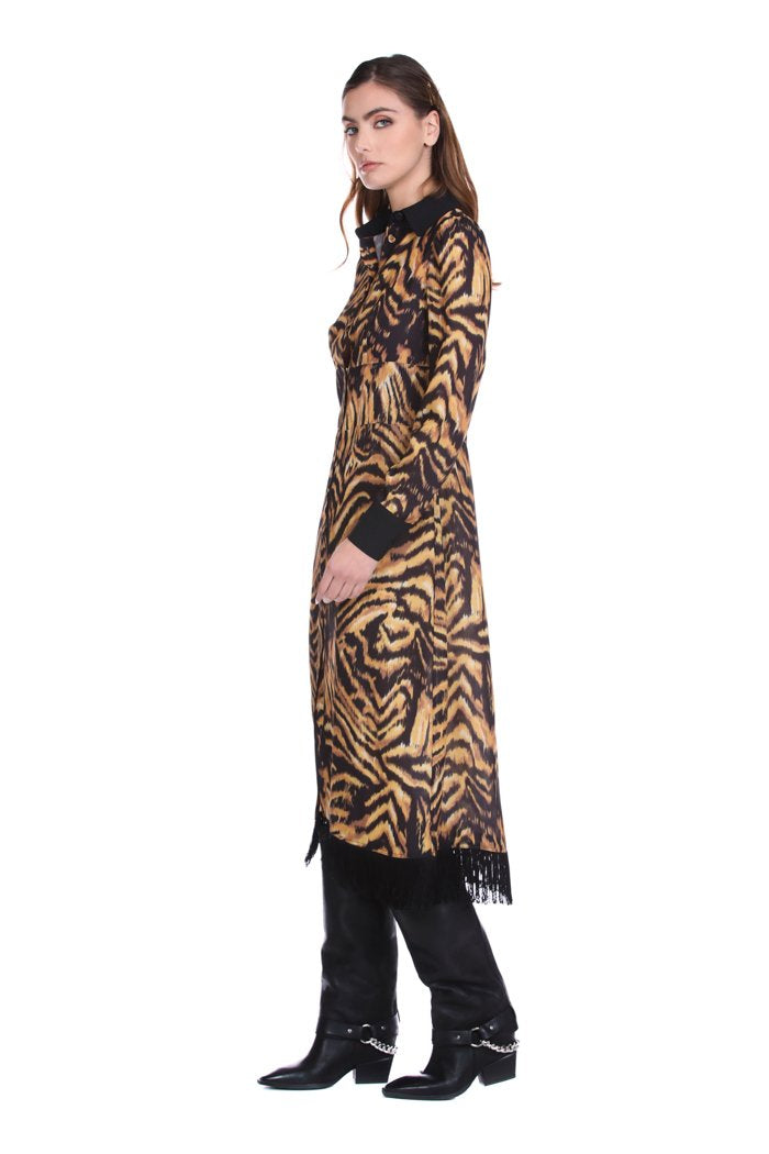 Abito VELLIO_A midi manica lunga chemisier con frange fant. animalier