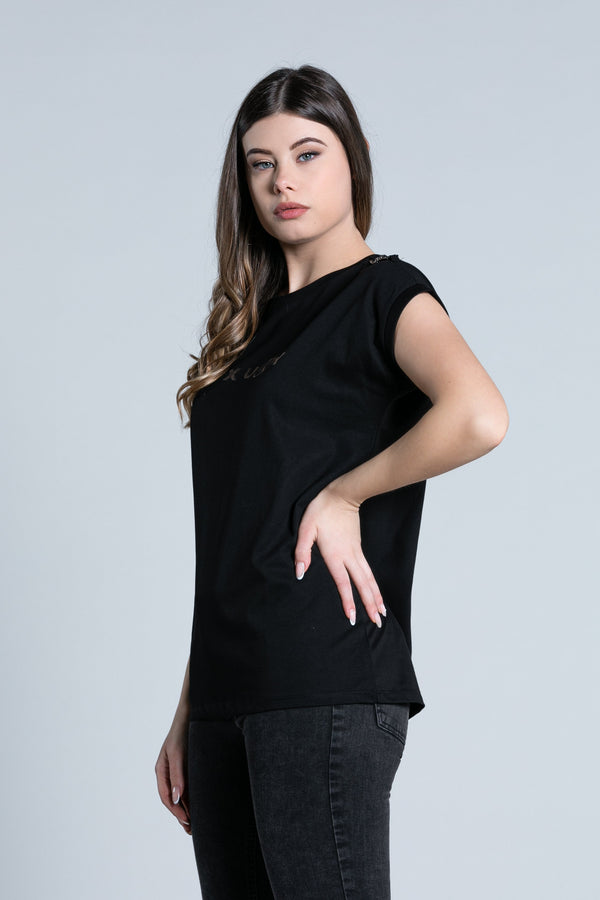 T-shirt PERRY mezza manica aletta con applicazione catene più strass più stampa luxury