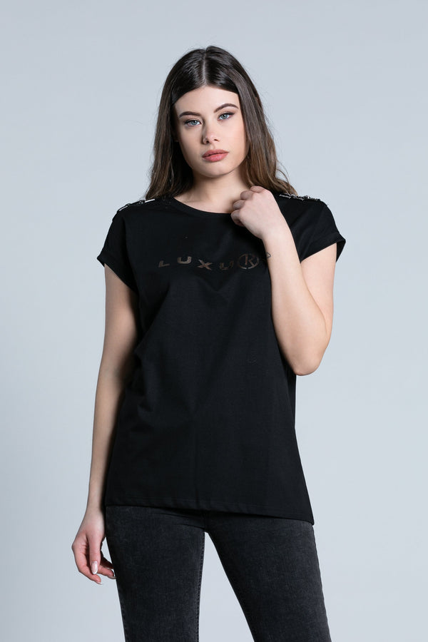 T-shirt PERRY mezza manica aletta con applicazione catene più strass più stampa luxury