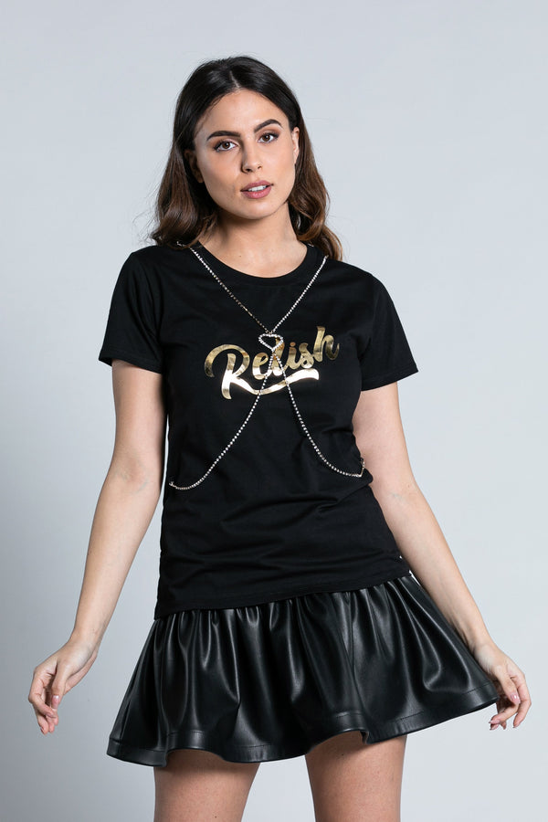 T-Shirt IDRIS mezza manica con stampa lamina più catena strass