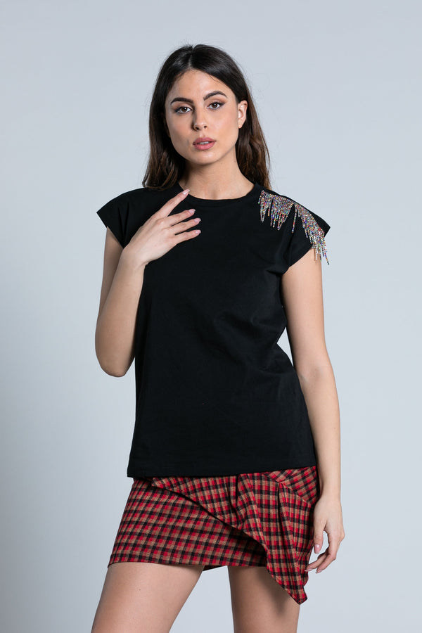 T-Shirt LOKI mezza manica aletta con applicazione catene più strass multicolor
