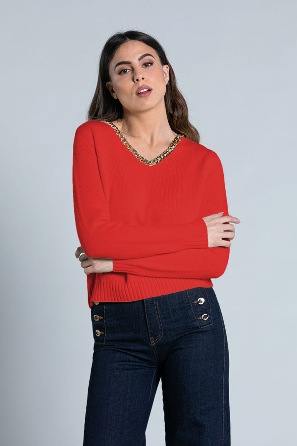 Maglia DANDA manica lunga scollo v con catena oro