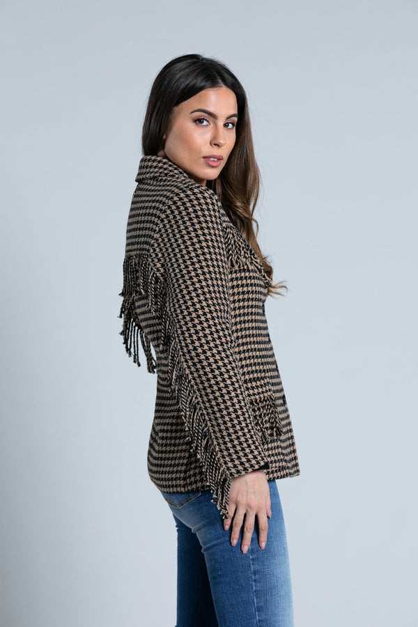 Giacca NETTY lunga manica lunga over con frange più tasche pie de poule