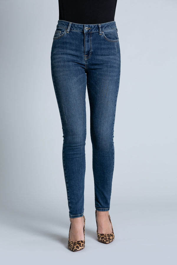 Jeans GUISA_A vita alta 5 ts con ricamo logo più abrasioni più medium blue denim