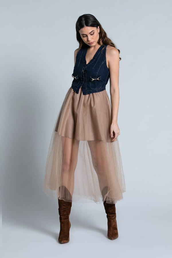 Abito CELIU_BIS midi con gilet senza maniche denim più gonna tulle