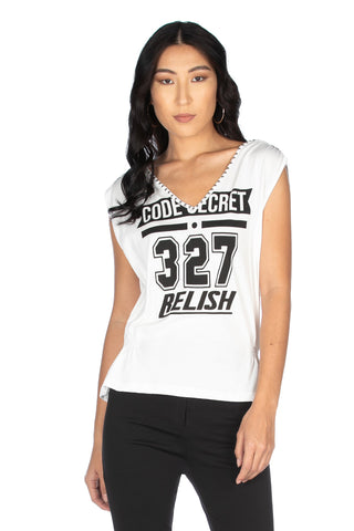 Canotta scollo a v con borchie più patch perline con strass con stampa più arricci, Relish Fashion Moda, Primavera Estate 2020, Abbigliamento donna