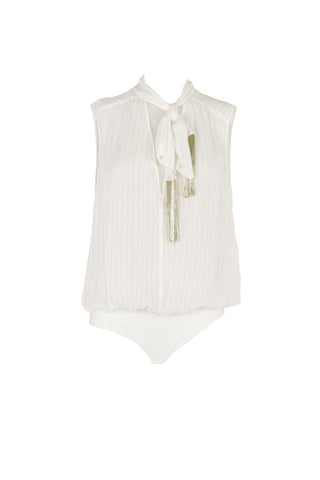 Body STRIMBLIK senza maniche con scollo a V profondo più fusciacca con frange riga oro