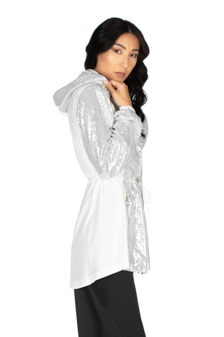 Giubbino lungo manica lunga con cappuccio più coulisse più paillettes, Relish Fashion Moda, Primavera Estate 2020, abbigliamento donna