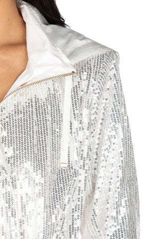 Giubbino lungo manica lunga con cappuccio più coulisse più paillettes, Relish Fashion Moda, Primavera Estate 2020, abbigliamento donna