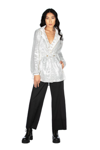 Giubbino lungo manica lunga con cappuccio più coulisse più paillettes, Relish Fashion Moda, Primavera Estate 2020, abbigliamento donna