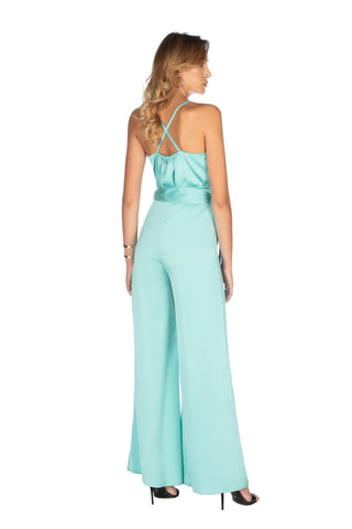 Tuta NEVERMAI senza maniche scollo a v incrocio con cintura palazzo