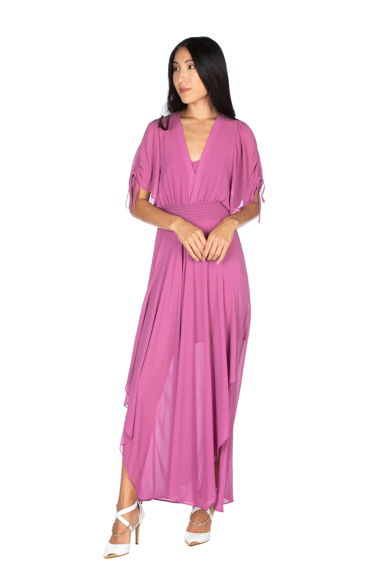 Abito lungo mezza manica con arricci spalle più punto smok asimmetrico, Relish Fashion Moda, Primavera Estate 2020, Abbigliamento donna