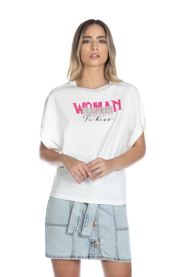 T-shirt CAPLO mezza manica con stampa woman più applicazione strass
