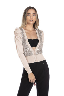 Cardigan DRUINA manica lunga a sbuffo con arricci più paillettes