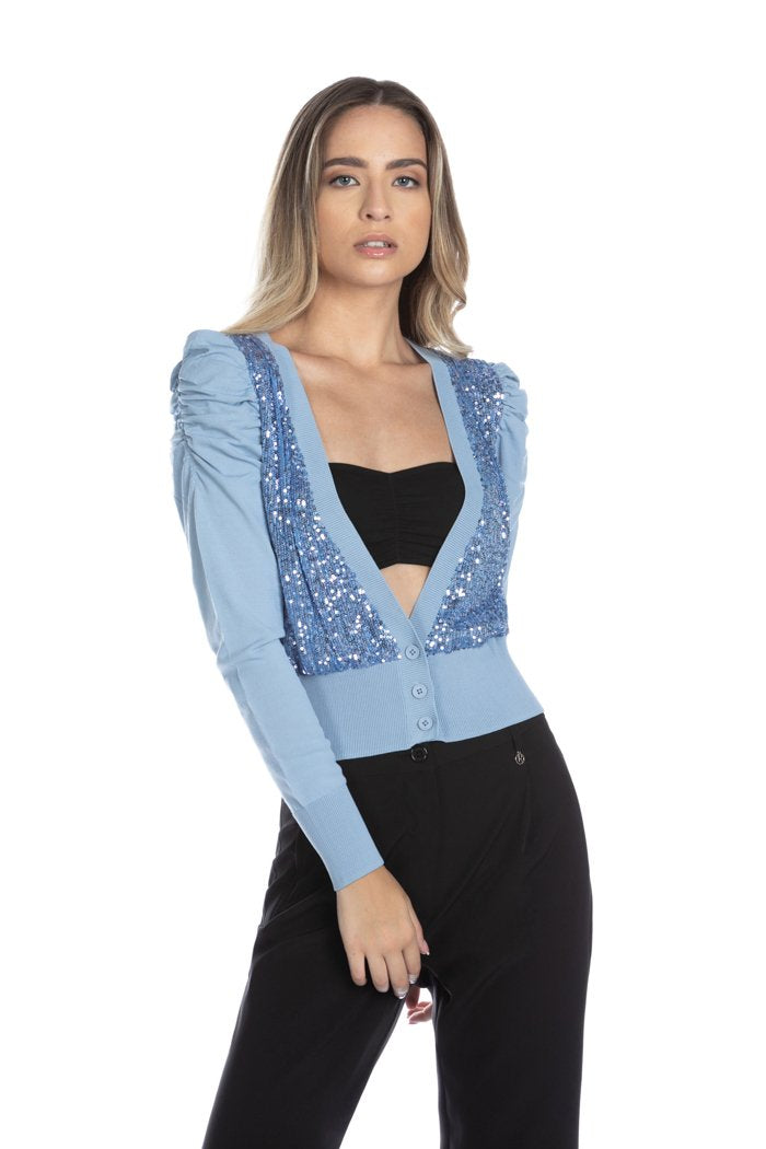 Cardigan DRUINA manica lunga a sbuffo con arricci più paillettes