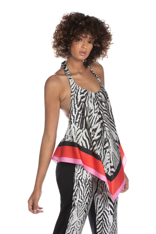 Top GAHINGA senza maniche scollo americana con laccetto schiena fantasia animalier