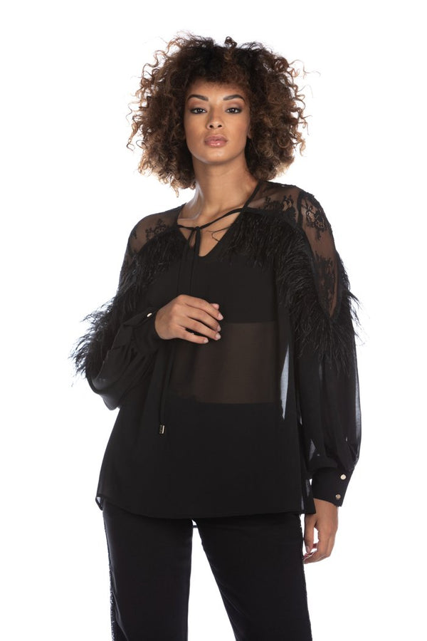 Blusa PIAVE manica lunga palloncino con pizzo più piume scollo con laccetto