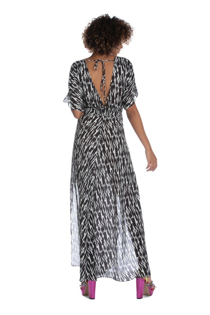 Abito REANI lungo mezza manica kimono con punto smok doppio scollo v fant.astratta