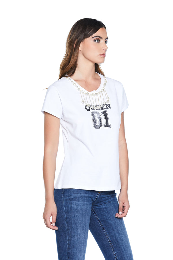 T-Shirt LABLYD mezza manica con applicazione collana con perle più stampa queen