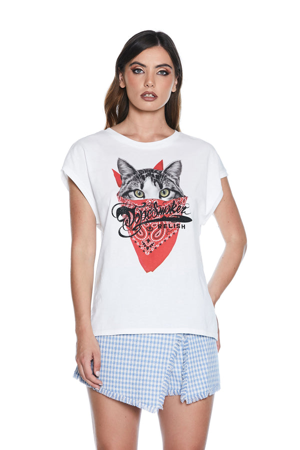 T-Shirt CATTIN mezza manica scollo v schiena più stampa cat più foulard più strass