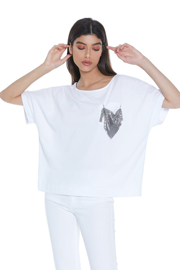 T-shirt METALIO mezza manica con risvolto scollo ampio più taschino con maglia metallo