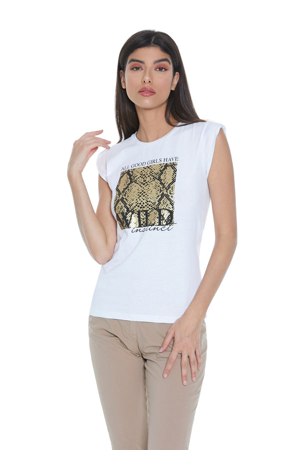 T-shirt PRIMA mezza manica aletta con risvolto più stampa animalier laminata