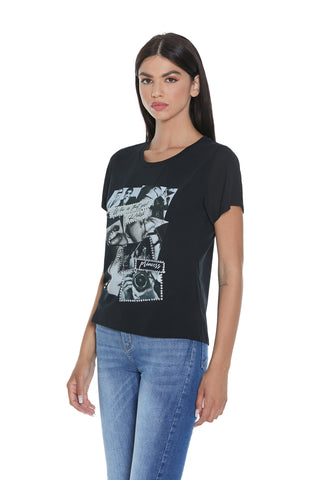 T-shirt MINELA mezza manica georgette con stampe woman più strass