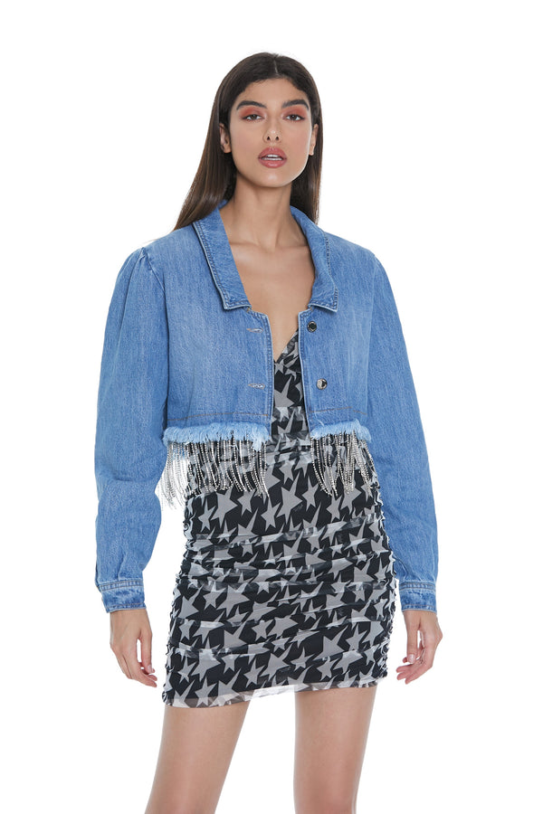 Giubbino NAOKO_STRASS corto manica lunga ampio sfrangiato più catena strass denim