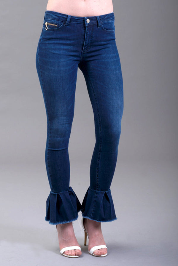 Jeans vita alta con fondo balze BLING