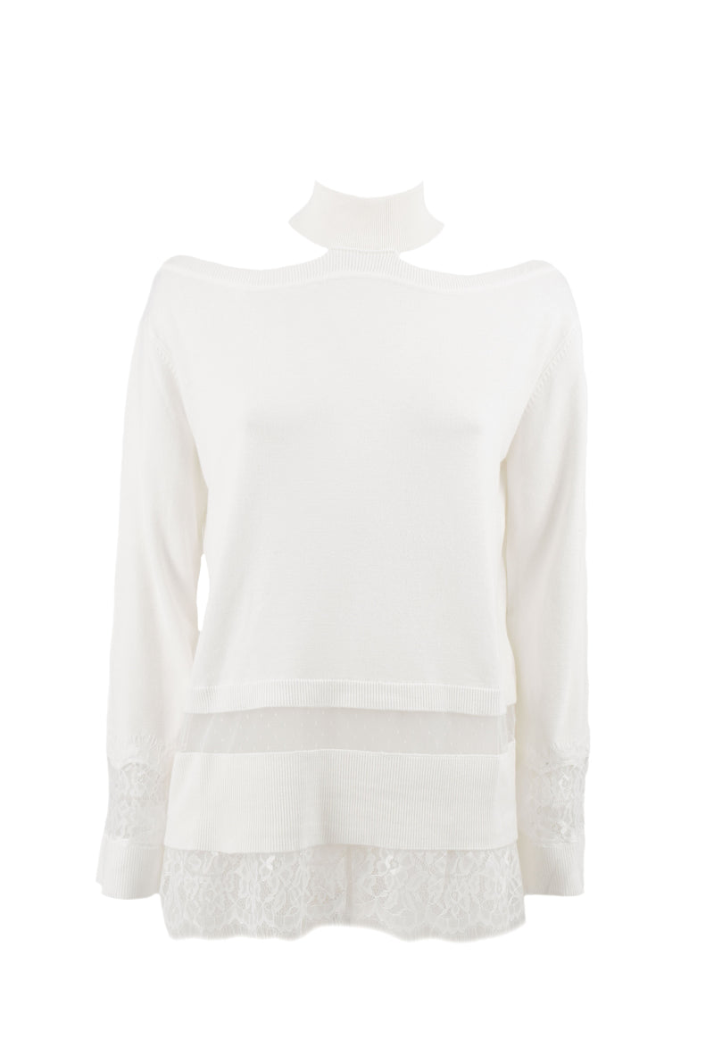 Maglia FASKERT manica lunga collo alto con aperture con dettagli pizzo più tulle plumetis