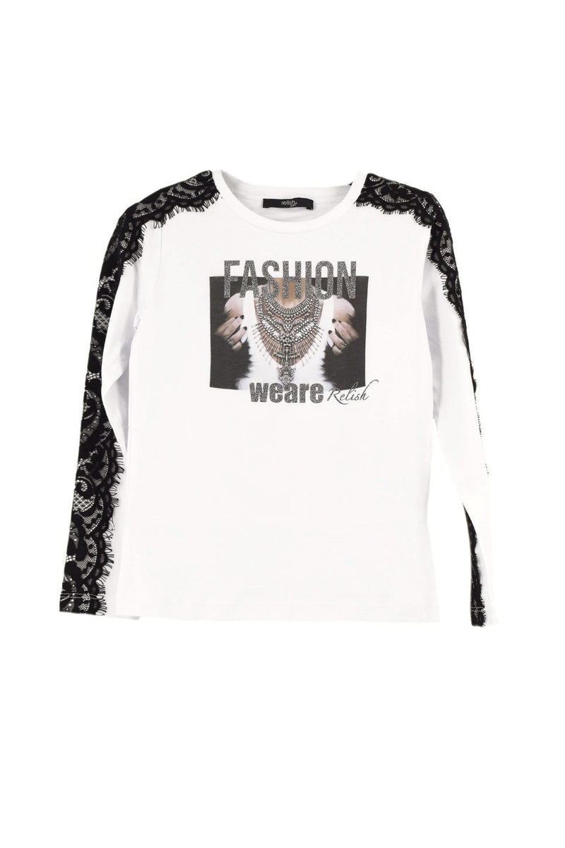 T-Shirt OUTG per bambina manica lunga Pizzo più Stampa più Scritta Glitter