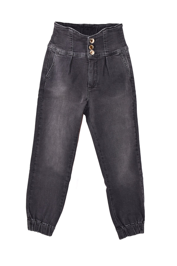 Panta VIULETTE per bambina Vita Alta Bottoni più Pinces più Arriccio Fondo Denim Black