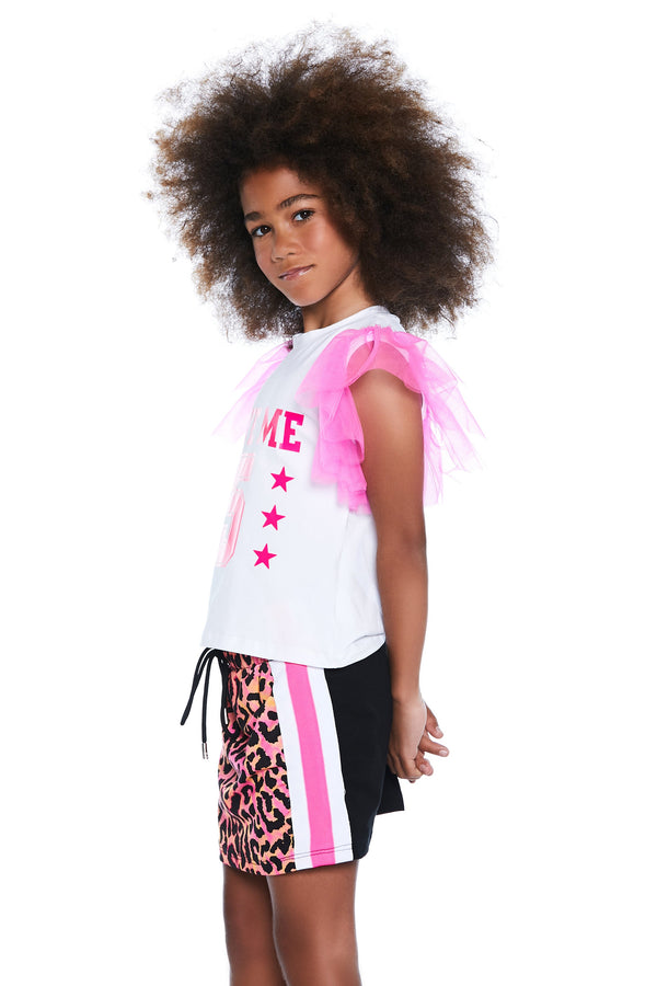 T-shirt GIVEMEFIVE mezza manica volant tulle fluo con stampa giveme 5