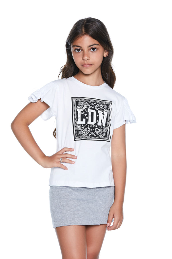 T-shirt BREK mezza manica con arricci più gale più stampa ldn più perle