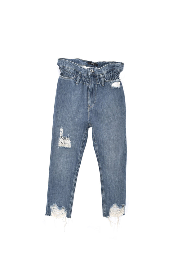 Panta SKY vita alta paper bag con rotture denim
