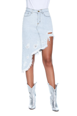 Gonna GONG corta vita alta asimmetrica sfrangiata con rotture denim