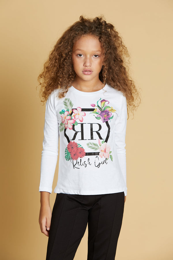 T-shirt CENTAURUS con passamaneria spalla bottoni più stampa più fiori borchie