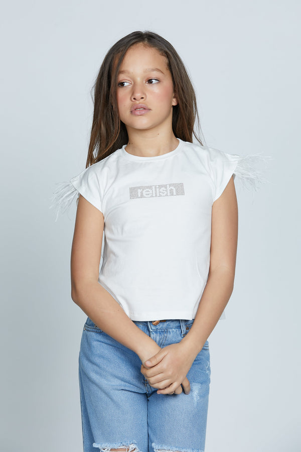 T-shirt ROSA mezza manica piume logo relish strass